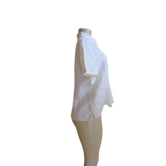 White Short-Sleeve Button-Up Shirt With Gold Polka Dot Print Dina K Size L - Picture 4 of 6
